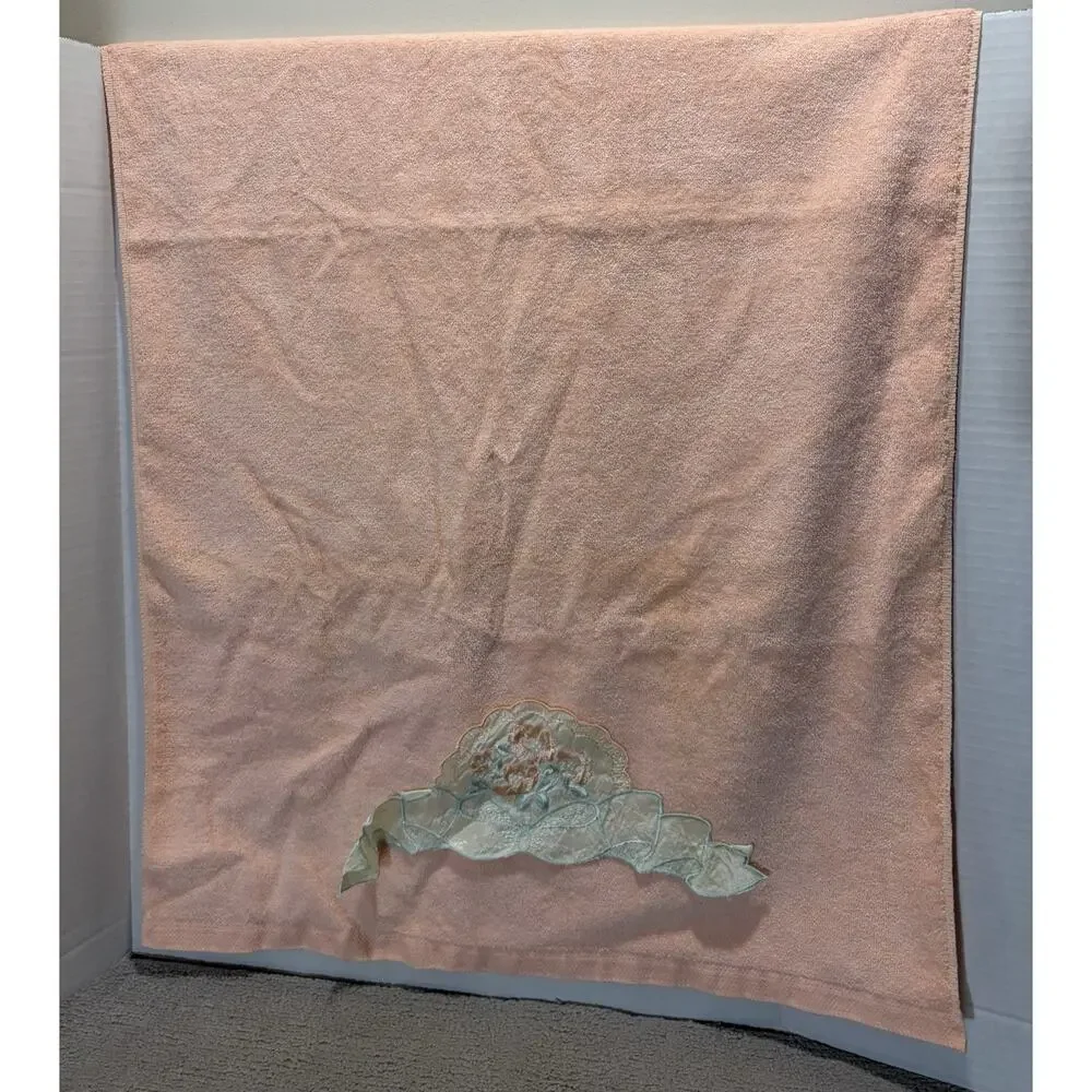 Towel Hand & Bath Set of 2 Peach Floral Embroidered Applique Saturday Knight
